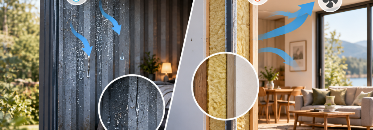 Paroi métallique d’une maison en conteneurs avec condensation et isolation thermique