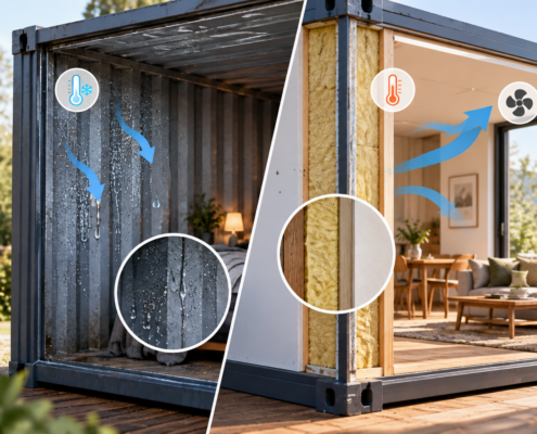 Paroi métallique d’une maison en conteneurs avec condensation et isolation thermique
