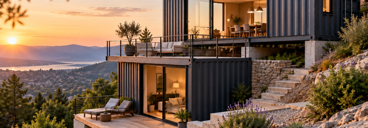 Maison en conteneurs construite sur un terrain en pente avec plusieurs niveaux