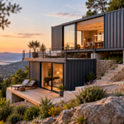 Maison en conteneurs construite sur un terrain en pente avec plusieurs niveaux