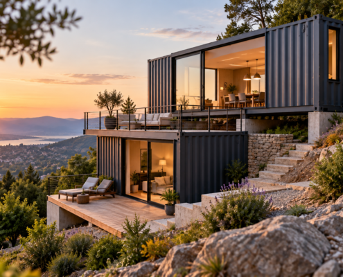 Maison en conteneurs construite sur un terrain en pente avec plusieurs niveaux